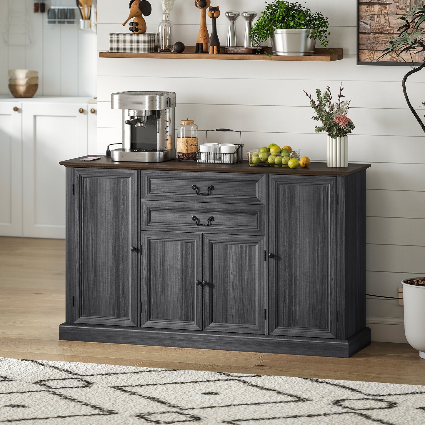 Farmhouse Sideboard with Charging Station and Thickened Top, 58" Buffet Cabinet with 2 Soft-Close Drawers, Black