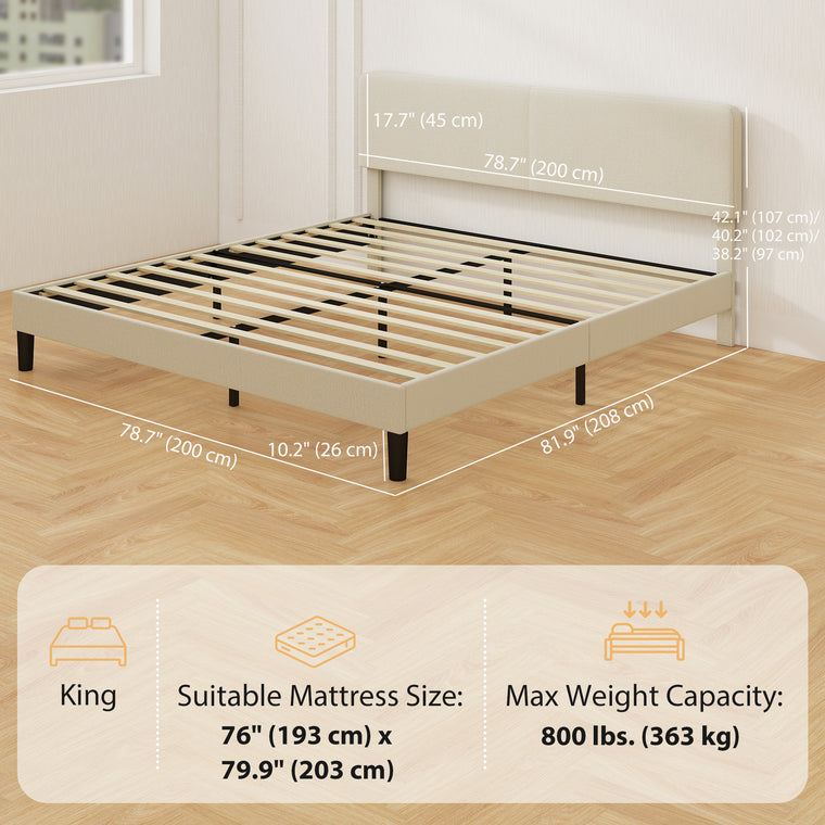King Platform Bed Frame with Adjustable Headboard - Light Grey