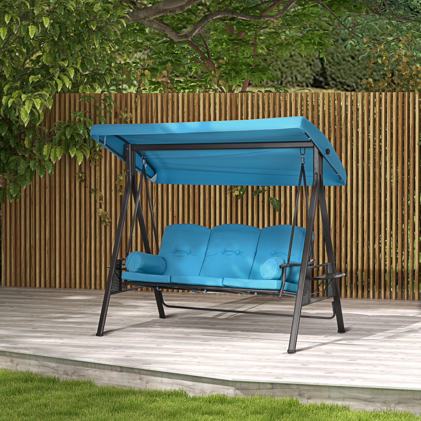 Outdoor Patio 3-Person Steel Canopy Cushioned Seat Bench Swing with Included Side Trays & Padded Comfort, Wine Red