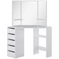 Corner Dressing Table, Makeup Desk with 3-piece Mirror and 5 Drawers, White
