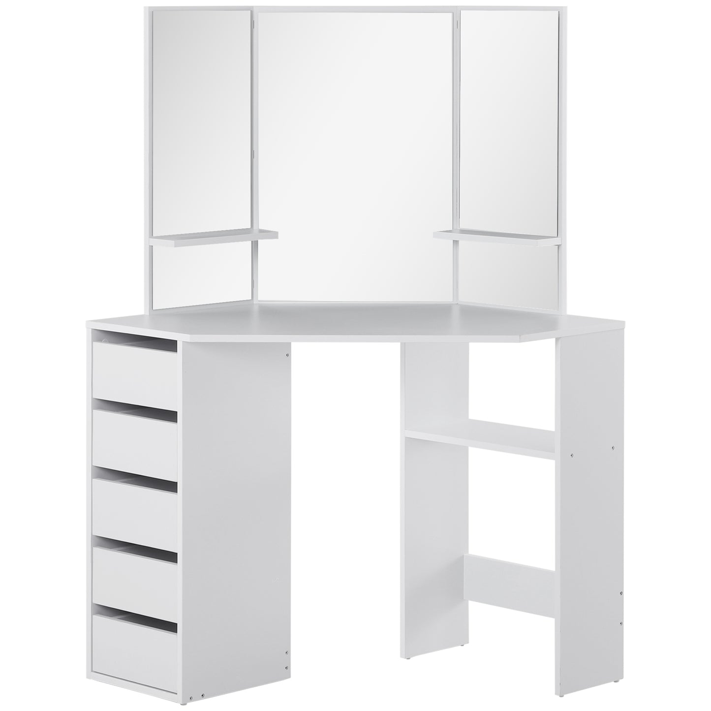 Corner Dressing Table, Makeup Desk with 3-piece Mirror and 5 Drawers, White