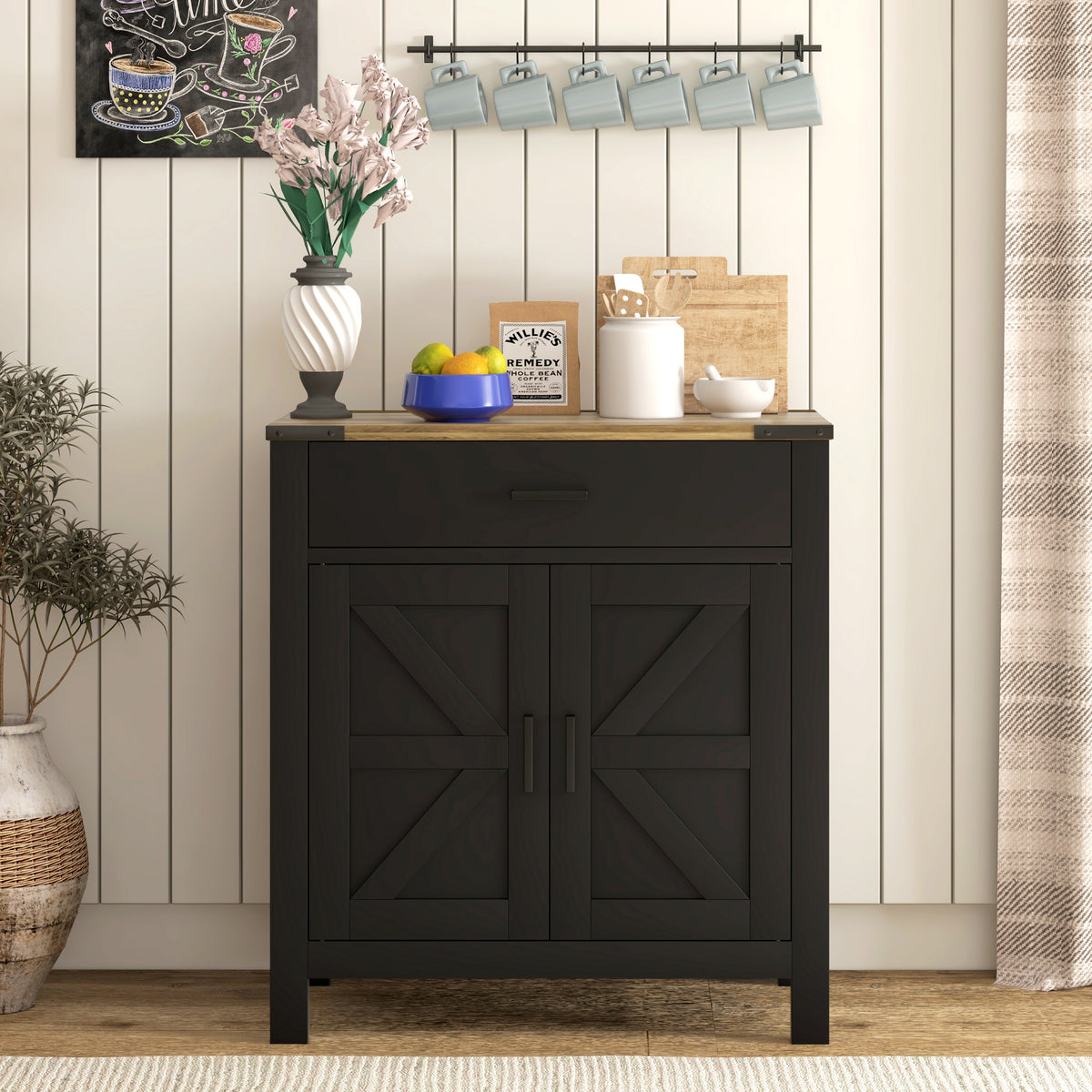 Sideboard Buffet Cabinet, Farmhouse Kitchen Storage Cabinet w/ Drawer and Shelf for Living Room, Entryway