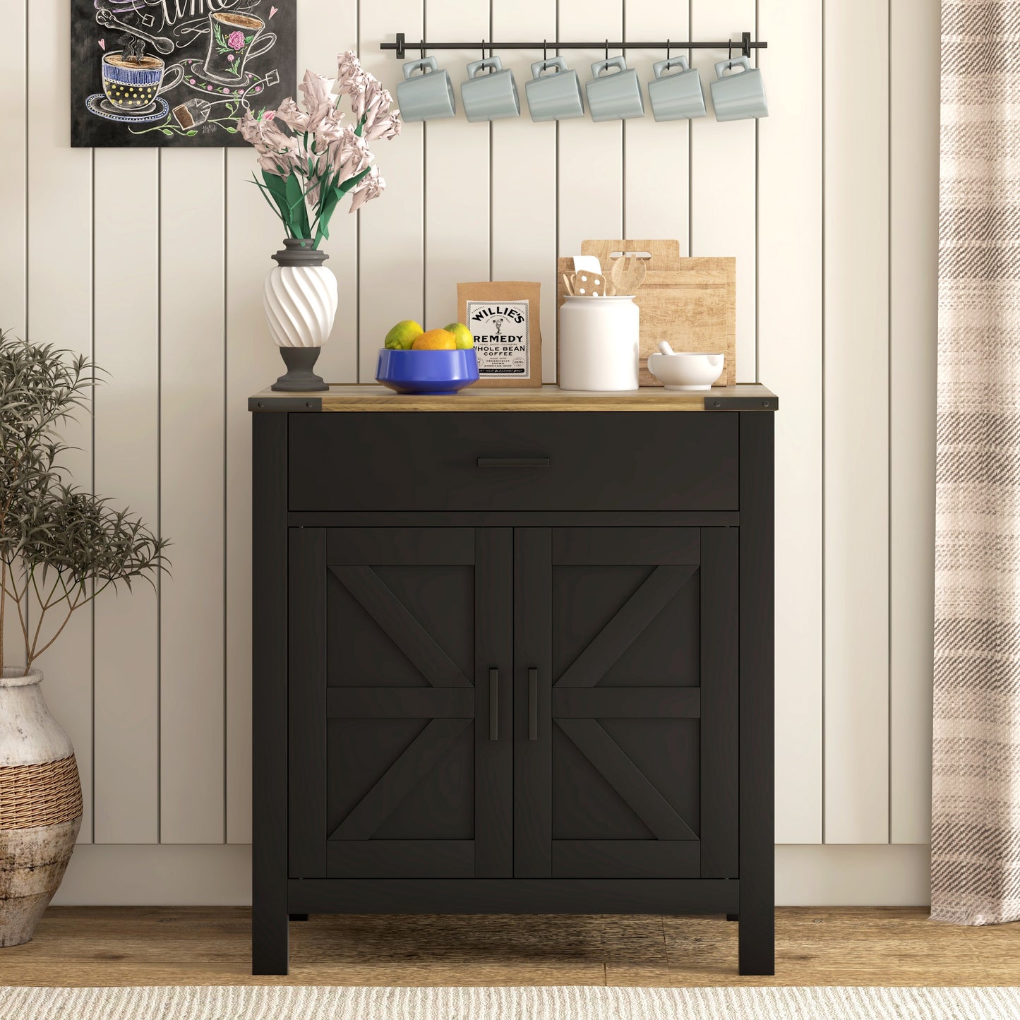 Sideboard Buffet Cabinet, Farmhouse Kitchen Storage Cabinet w/ Drawer and Shelf for Living Room, Entryway