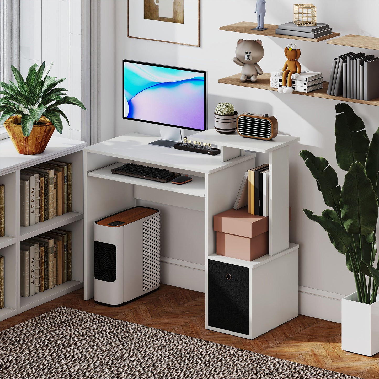 Computer Desk with Sliding Keyboard Tray Storage Drawer Shelf Home Office Workstation White