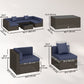 7pc Garden Wicker Sectional Set w/ Tea Table Patio Rattan Lounge Sofa Outdoor Deck Furniture Navy Blue