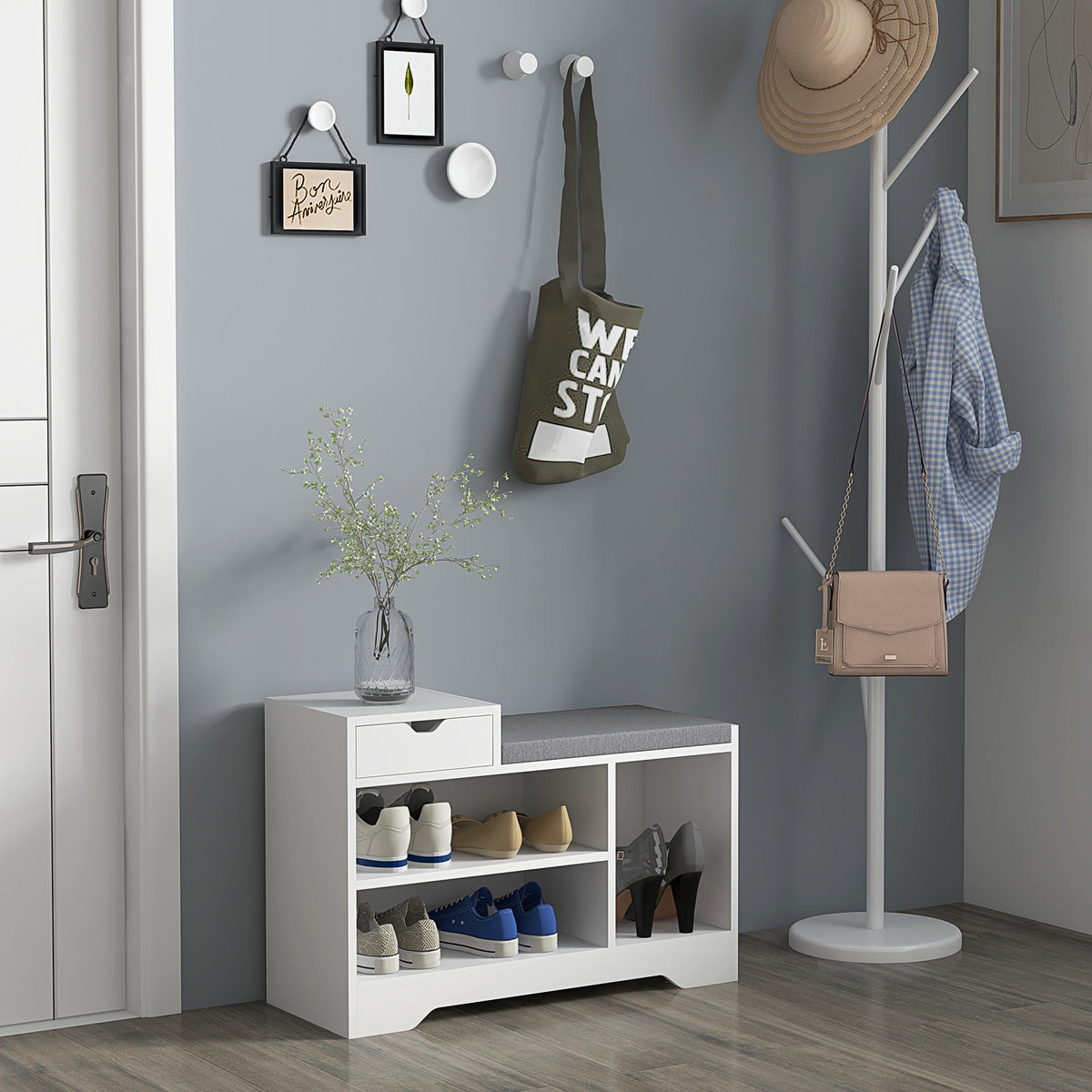 Upholstered Shoe Storage Bench, Hallway Shoe Storage with Seat, Drawer, 3 Open Shelves for Entryway, White