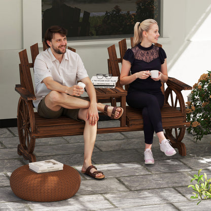 Carbonized Wood Loveseat Bench with Wagon Wheel and Table