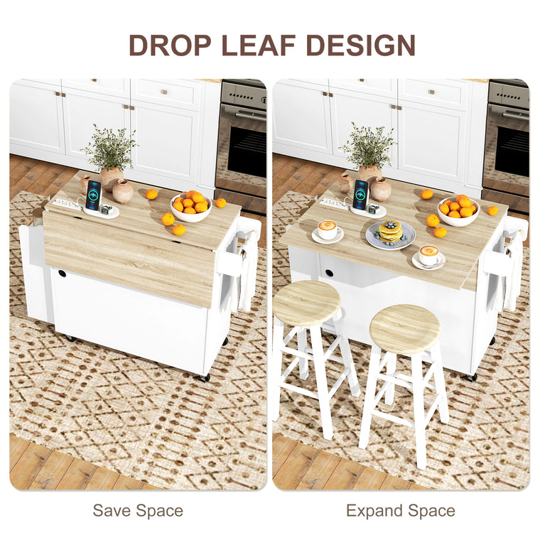 Rolling Kitchen Island with Drop Leaf & USB