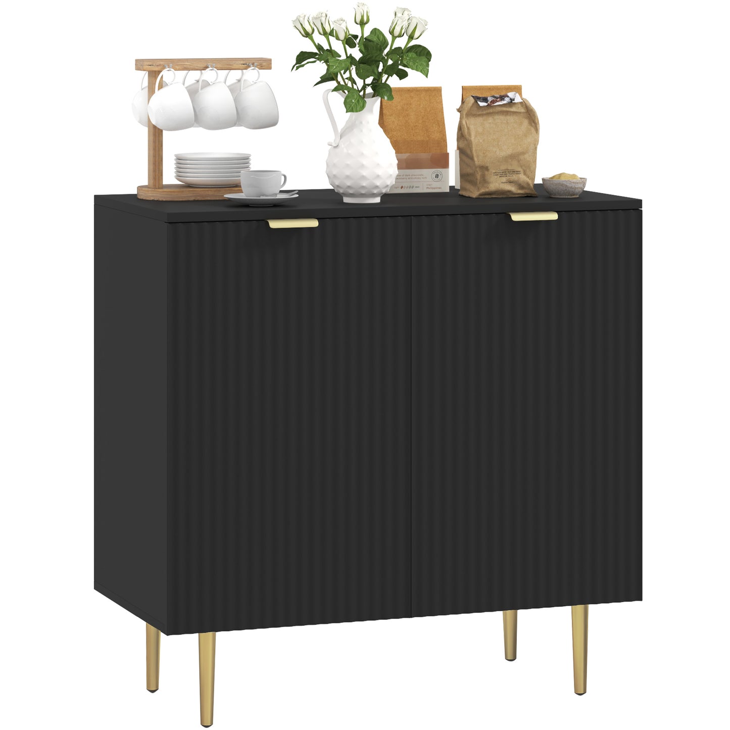 Modern Kitchen Storage Cabinet, Sideboard Buffet Cabinet with Adjustable Shelves and Metal Legs for Kitchen, Black