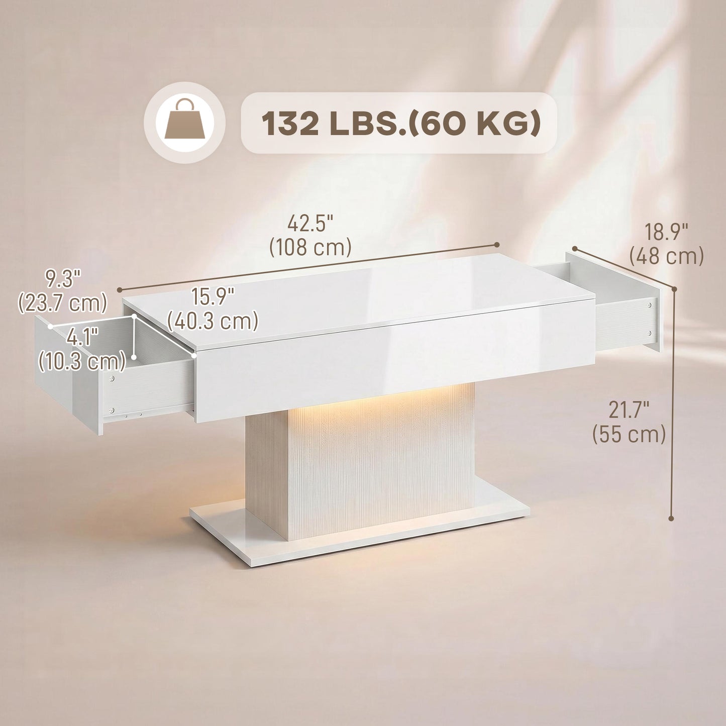 LED Coffee Table with Storage, High Gloss Modern Center Table with 2 Drawers and Remote Control for Living Room, White
