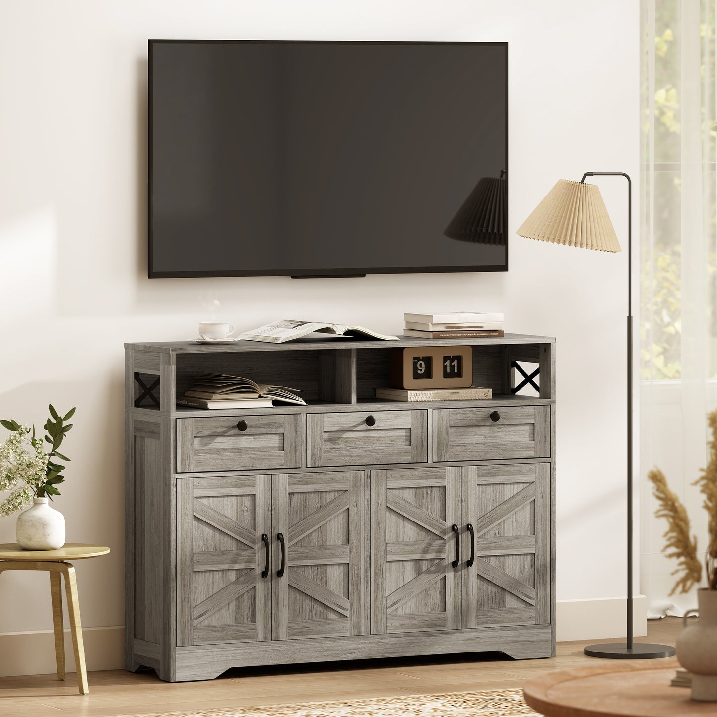 Sideboard, Buffet Cabinet with 4 Barn Doors and 3 Drawers, Coffee Bar Cabinet with Adjustable Shelves, Grey