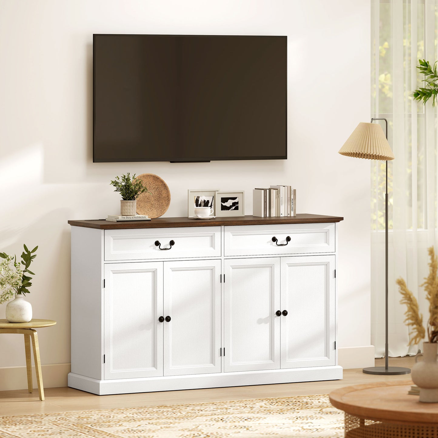 Buffet Cabinet, 55" Farmhouse Sideboard with Charging Station, 2 Drawers and 2 Adjustable Shelves, White Wood Grain