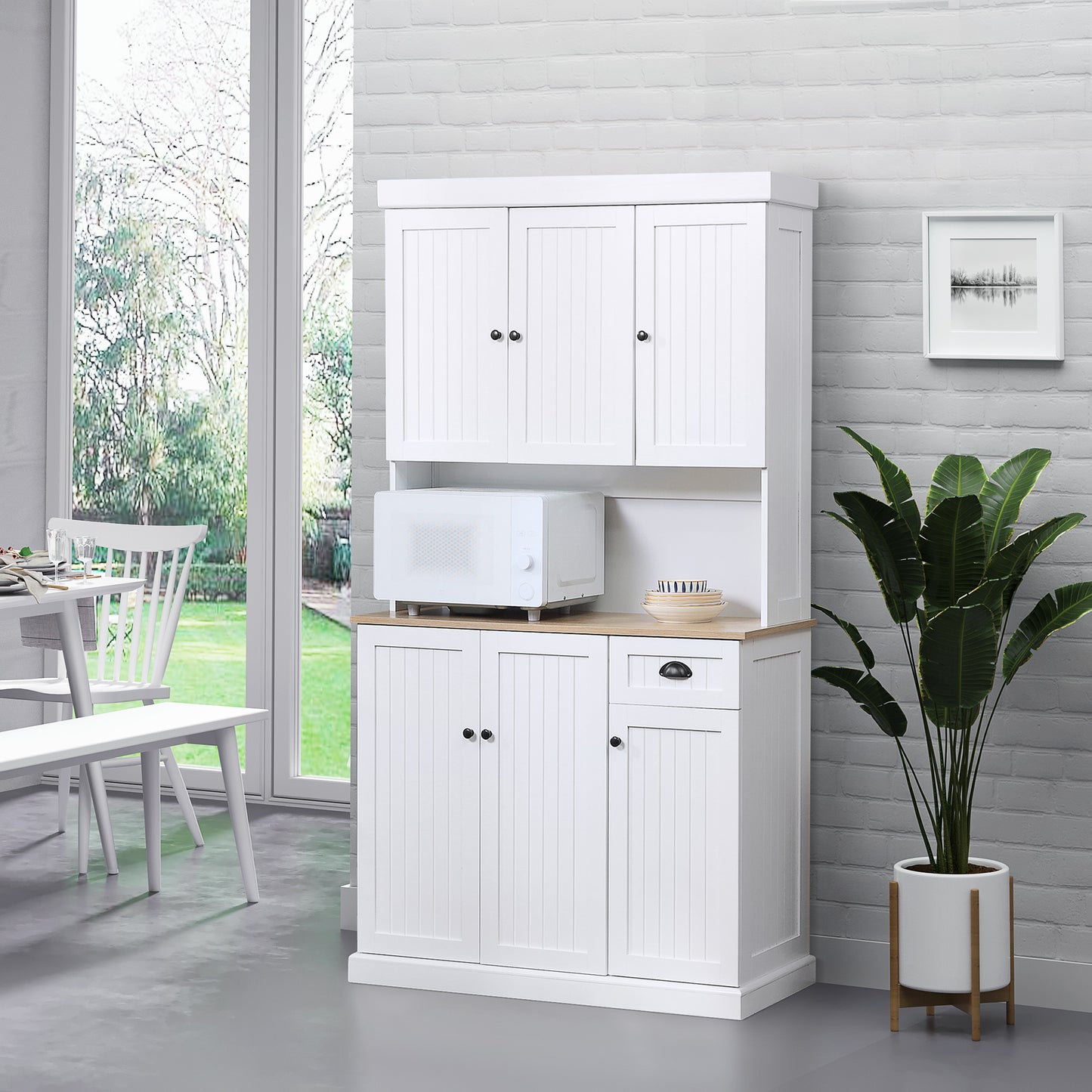 71" Kitchen Pantry Buffet with Hutch Storage Cabinet Microwave Oven Stand with Drawer, White, Oak