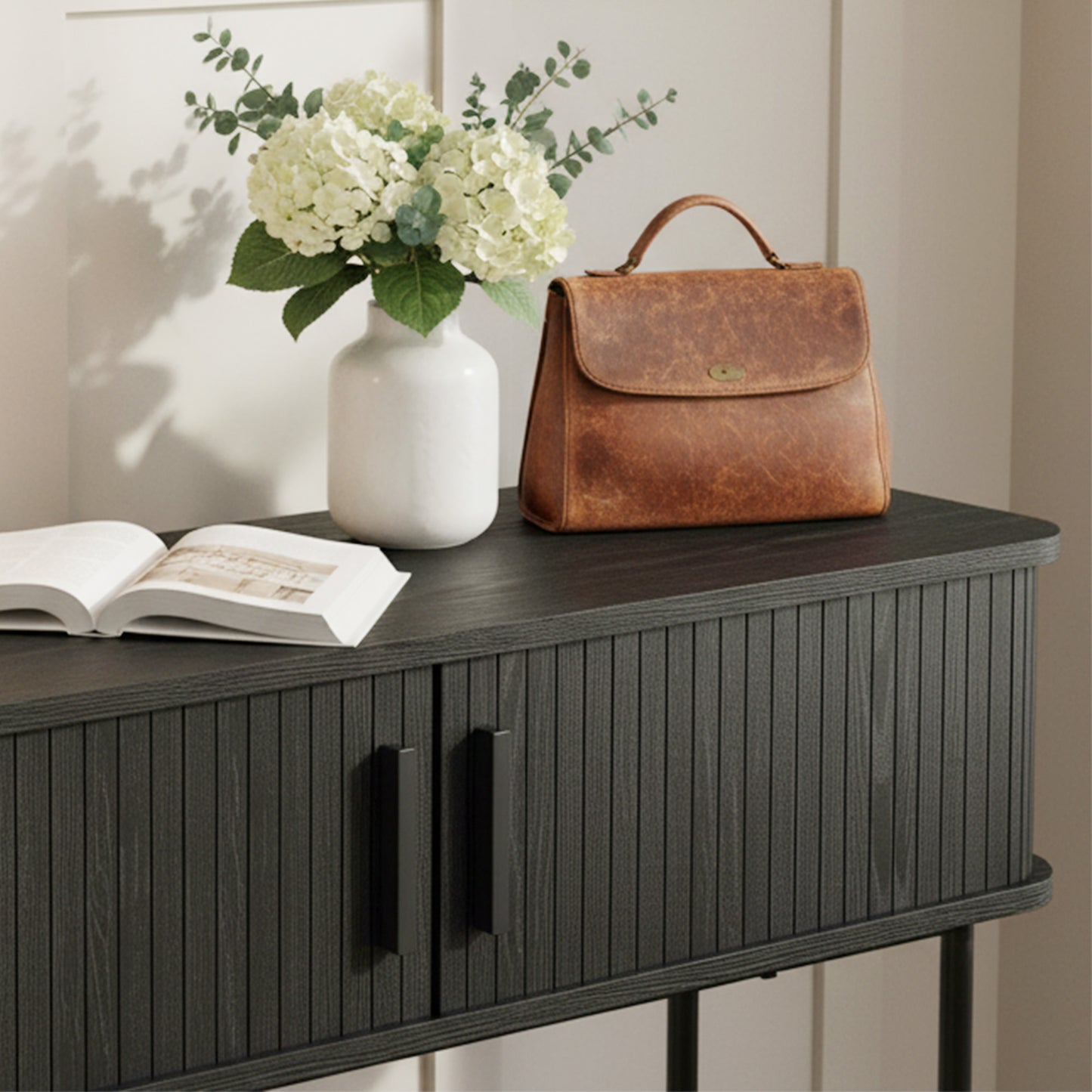 Mid-Century Entryway Table, Narrow Console Table with Storage Compartments for Behind Couch, Living Room, Black