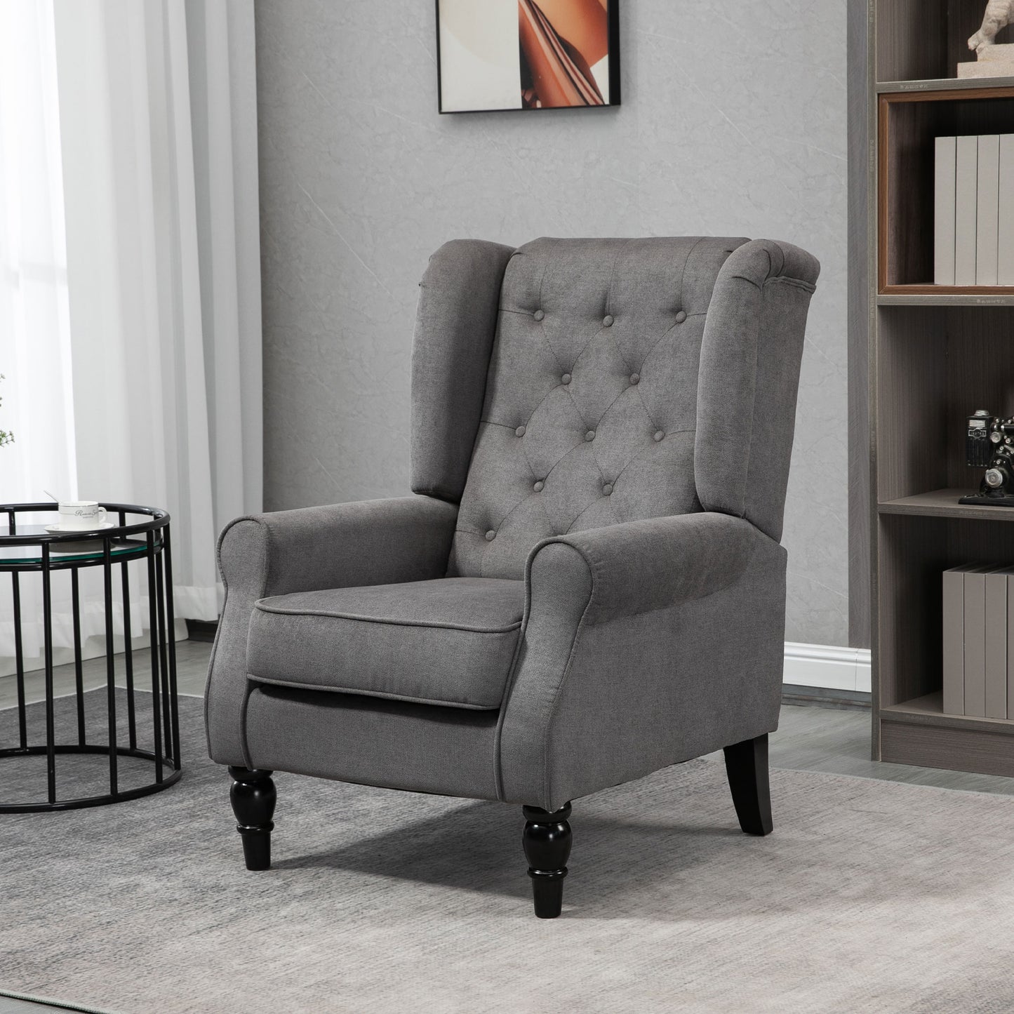 Fabric Accent Chair, Button Tufted Armchair, Armchair with Wood Legs, Thick Padding for Bedroom, Charcoal Grey