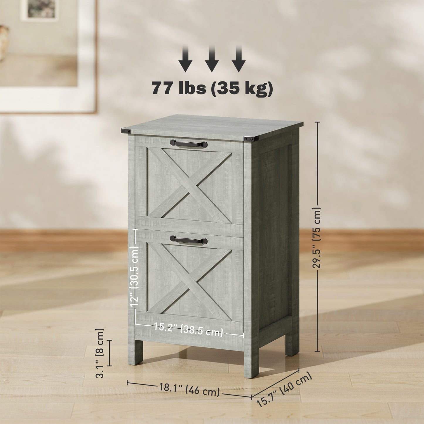 Vertical Filing Cabinet with 2 Drawers, Rustic Farmhouse Office Storage Cabinet for A4, Letter Size, Stone Grey