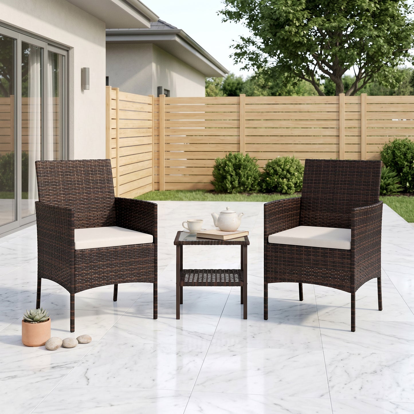 Wicker Bistro Set, 3 Piece Patio Furniture Set with 2-Tier Glass Top Table, Cushions for Balcony, Porch, Khaki - Beige