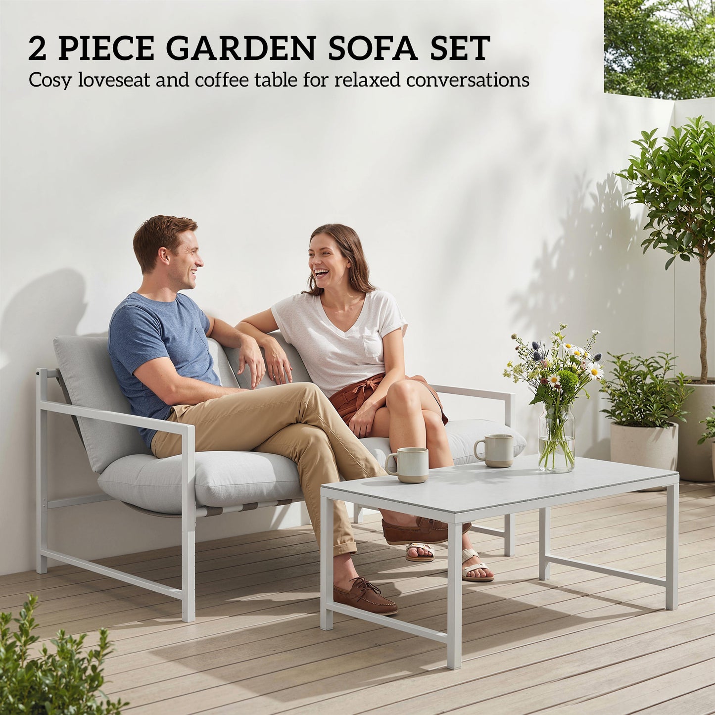 2 Piece Patio Furniture Set, Outdoor Loveseat Sofa Set with Thick Cushions and Coffee Table for Porch Garden, Light Grey