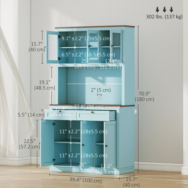 71" Pantry Cabinet with Hutch and Glass Doors - Blue