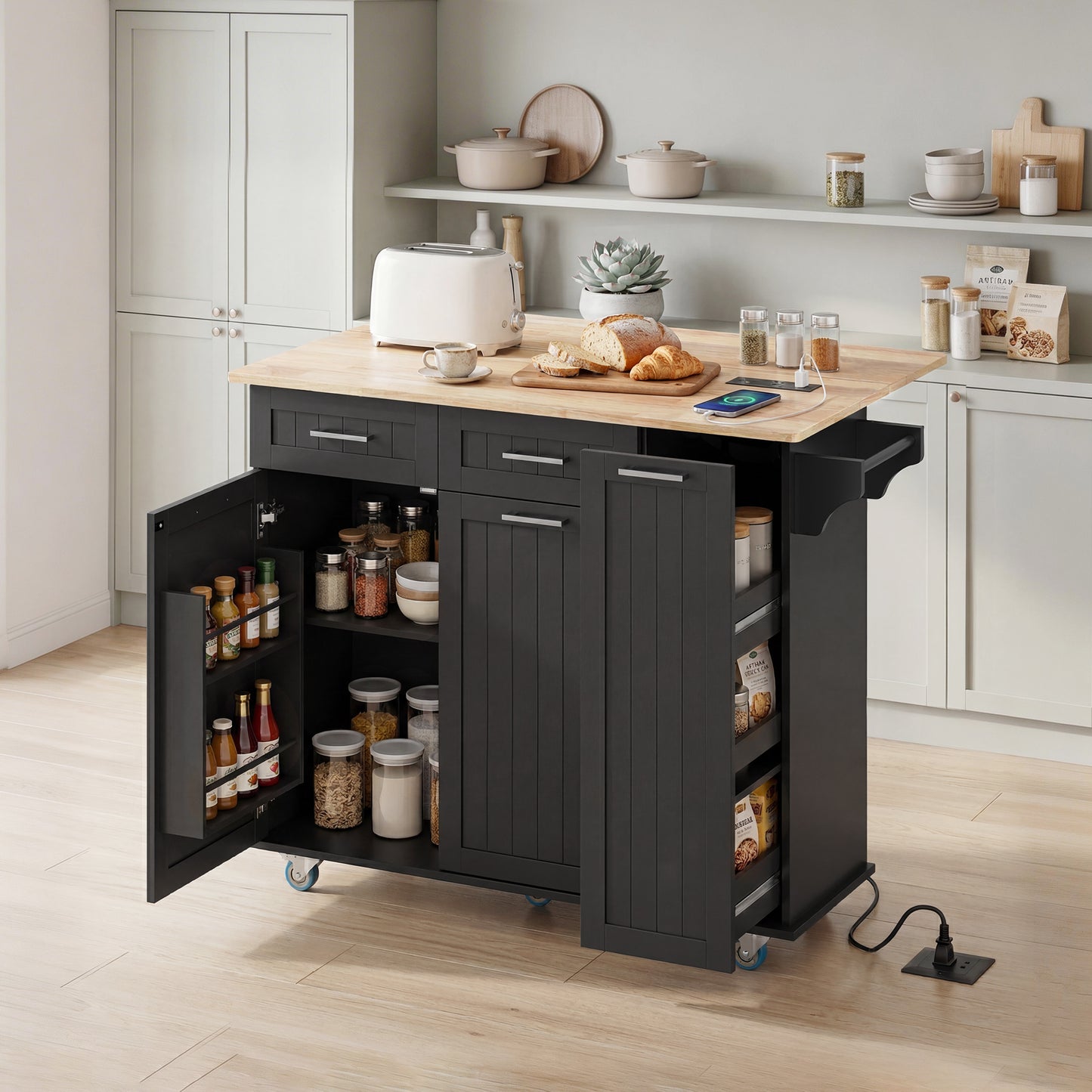 Kitchen Island on Wheels with Wood Drop Leaf, Charging Station, Rolling Kitchen Cart with Adjustable Shelf, Black