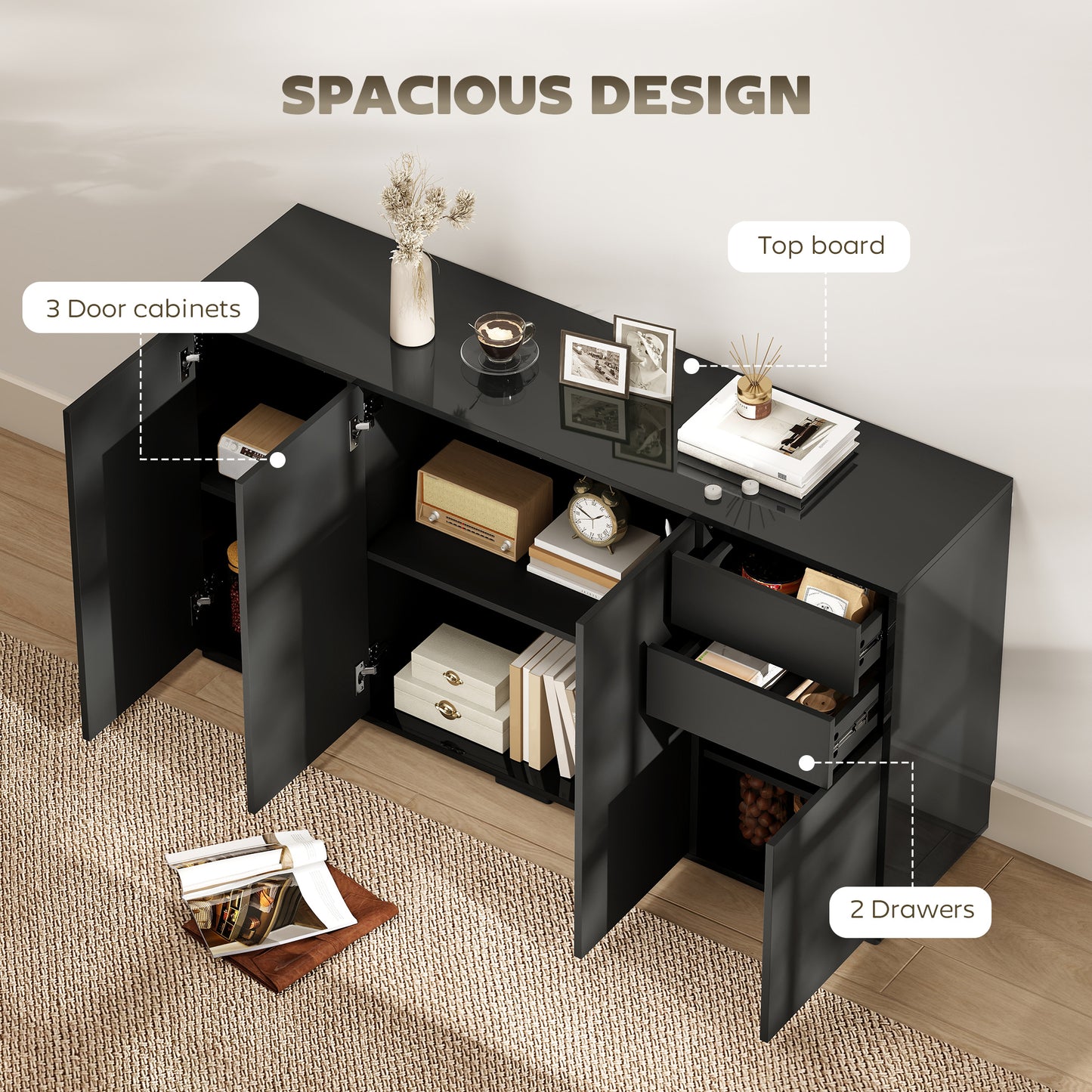 Kitchen Sideboard Storage Cabinet, Modern Coffee Bar Cabinet with Push-Open Design and 2 Drawers for Living Room, Black