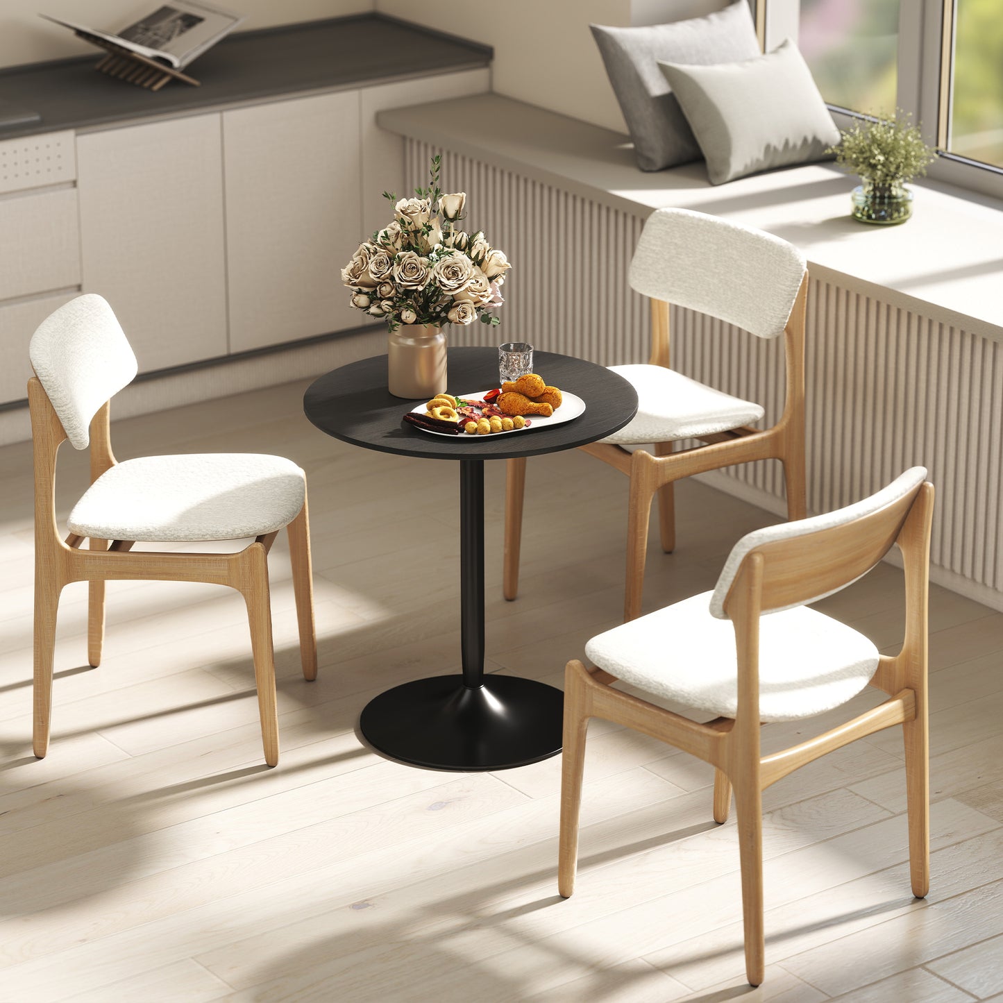 27.6" Round Kitchen Table for 2, Modern Small Dining Table with Wood Veneer, Steel Base for Dining Room, Black