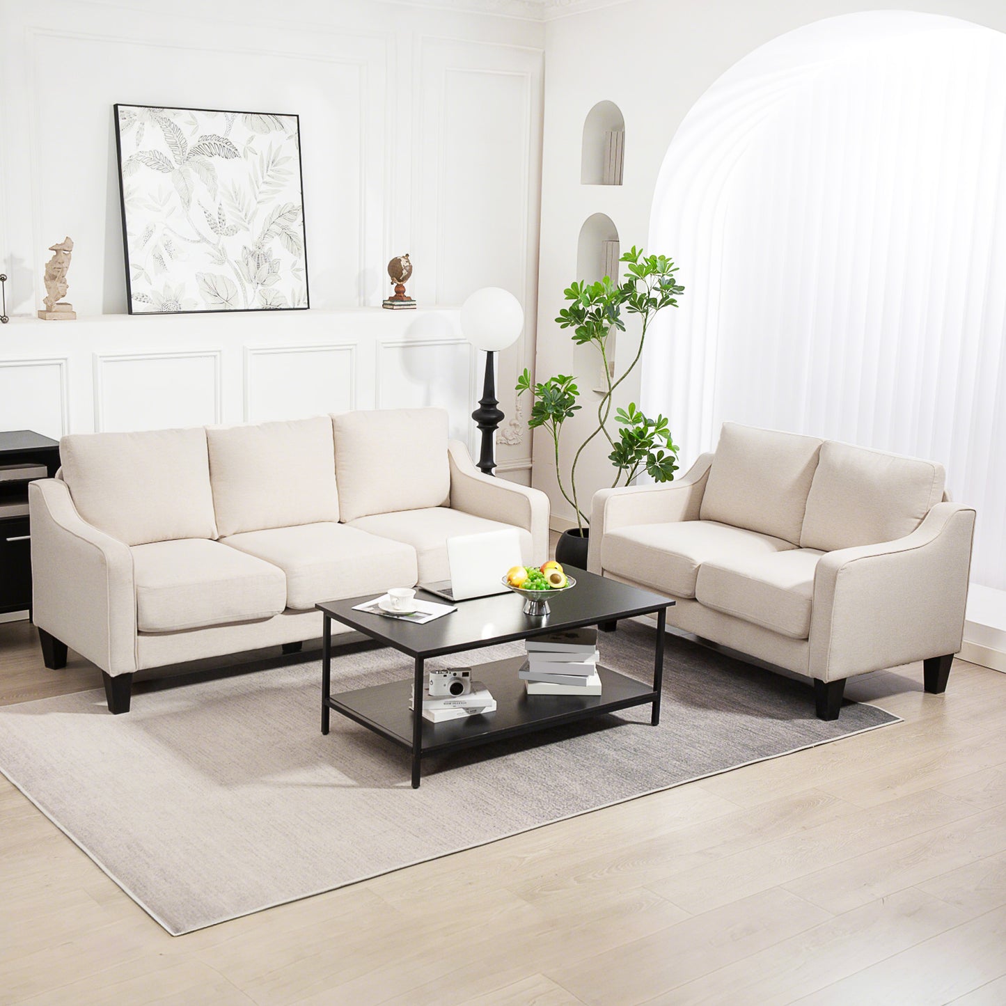 3 Seater Sofa, Modern Couch with Pocket Spring, Linen Upholstered, Thick Padded, Beige