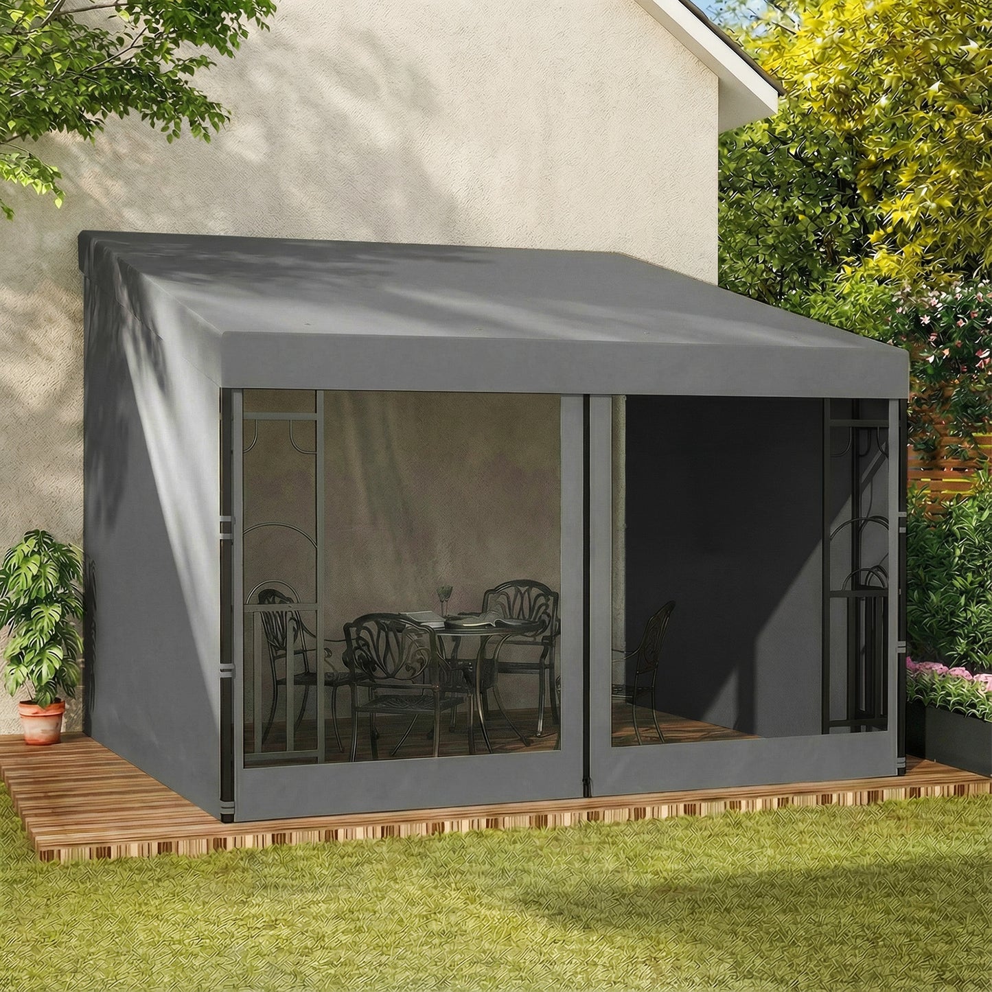 10' x 10' Wall Pergola, Outdoor Gazebo with 2 Curtains and 2 Nettings, UV Resistant, for Patio, Deck, Dark Grey