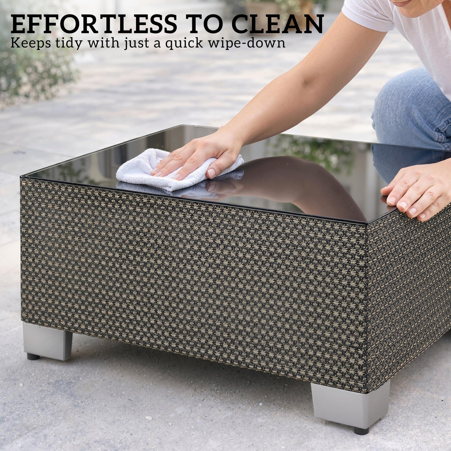 21.7" Square Patio Table, Small Outdoor Patio Coffee Side End Table with Tempered Glass Top, Black