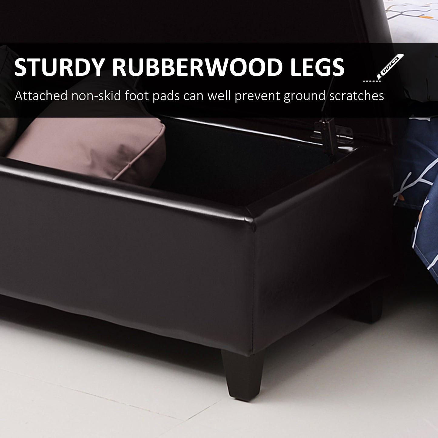 Storage Ottoman Bench, Foot Rest with Solid Wood Legs, 51 Inches PU Leather Storage Chest for Living Room, Brown