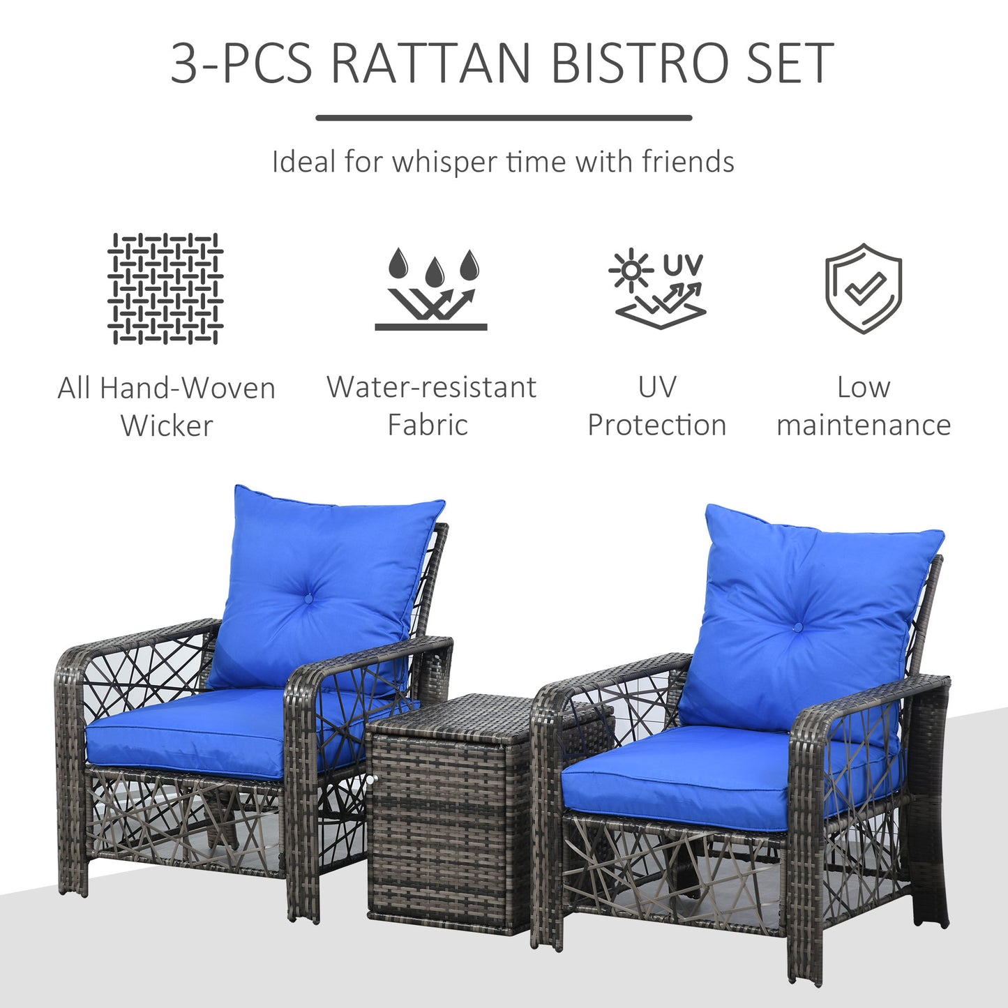 3 Pieces Wicker Patio Furniture Set, Rattan Bistro Set with Storage Coffee Table and Thickened Cushions, Outdoor Conversation Set for Garden, Porch, Balcony, Red