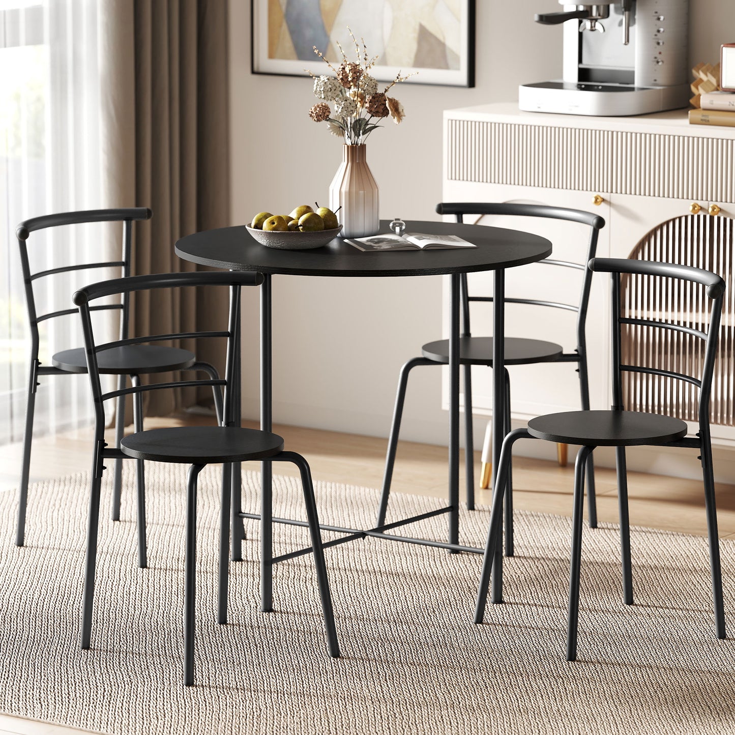 5 Piece Dining Table Set, Space Saving Round Dining Set for 4 with Metal Frame for Small Spaces, Black Wood Grain