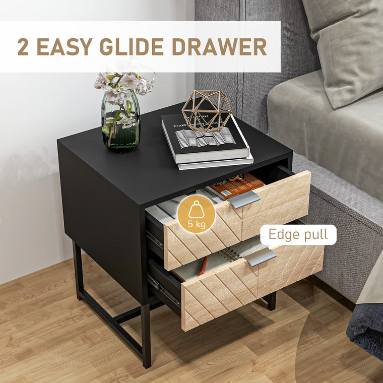 Bedside Table with 2 Drawers and Steel Frame - Black and Oak
