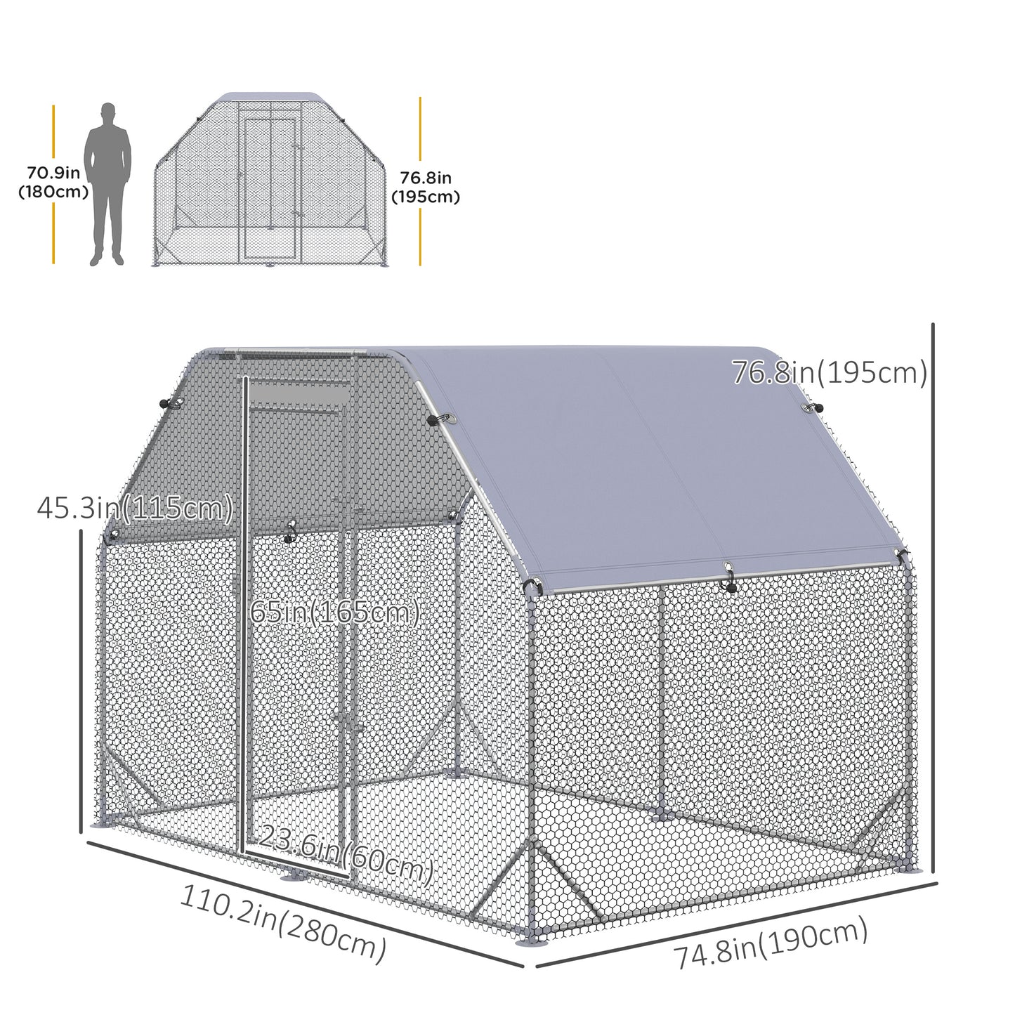 Chicken Run Outdoor, Galvanized Large Metal Chicken Coop Cage, Walk-in Enclosure Poultry Hen Run House Playpen Rabbit Hutch with Flat Roof, Cover