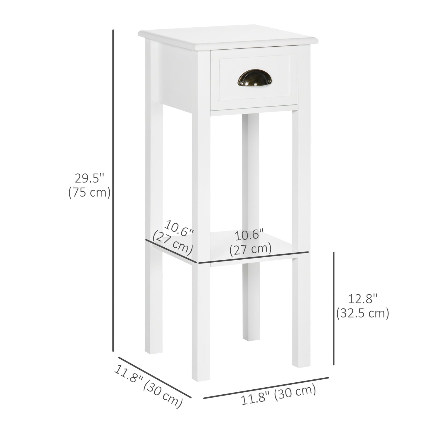 2 Tier Side Table, Set of 2, Narrow Tall End Table with Drawer and Shelf, Slim Wooden Nightstand for Living Room, Bedroom, Hallway, White