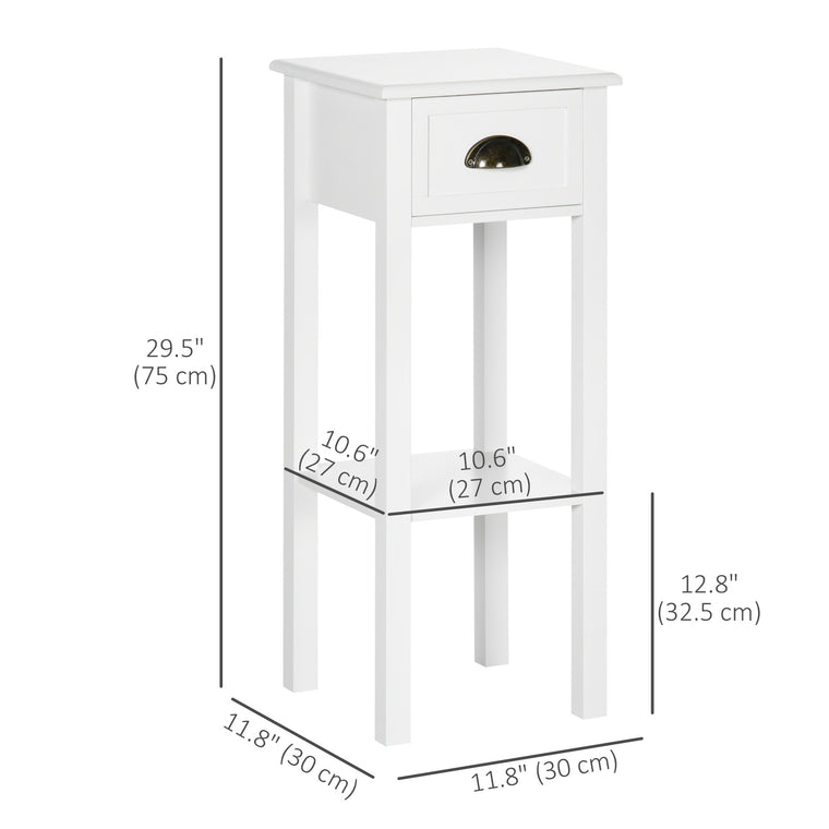 Set of 2 Slim End Tables with Drawer and Shelf - White
