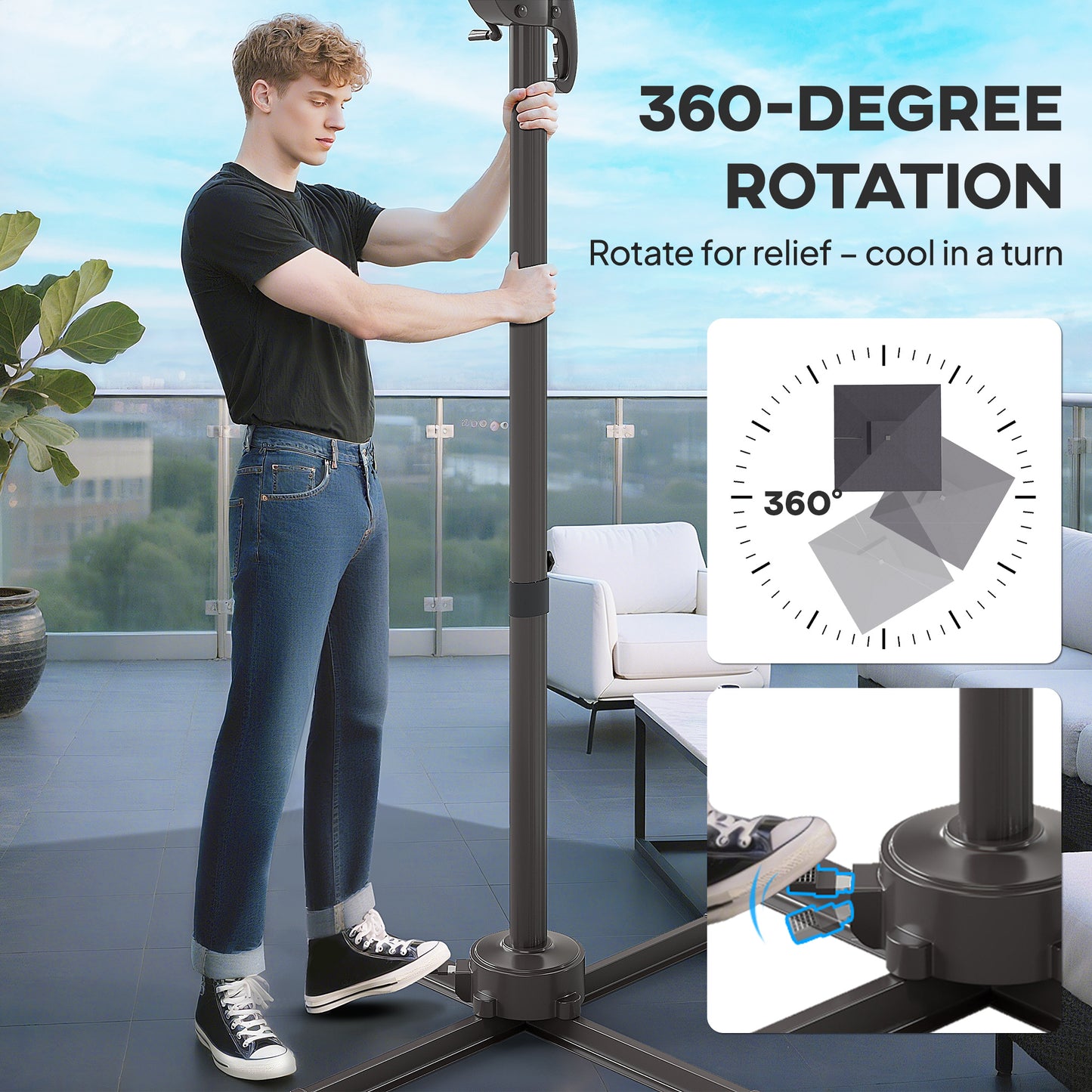 8' Cantilever Patio Umbrella with LED Lights, 360°Rotation, Tilt & Height Adjustment, Crank, Cross Base, Dark Grey