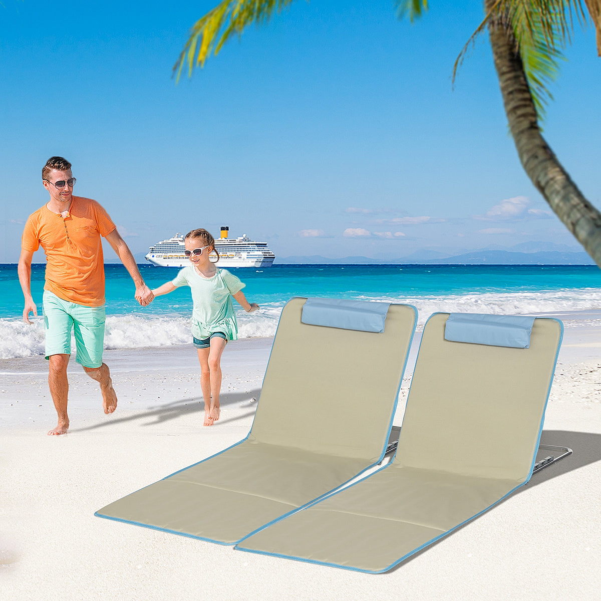 Set of 2 Beach Lounge Chair, Folding Ground Beach Mat w/ Adjustable Back, Steel Frame, Head Pillow and Carry Bag, Beige