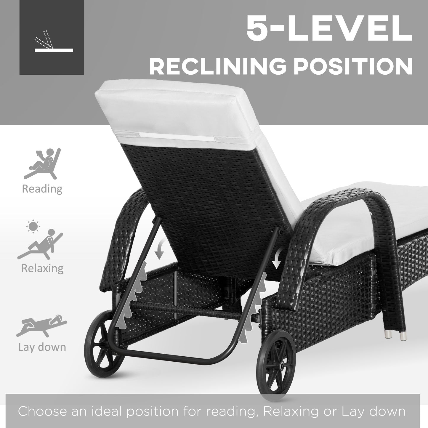 3 Pieces Wicker Patio Lounger Set with Table, Rattan Outdoor Lounge Chair Set with Cushions, Wheels, 5-Level Reclining Backrest, Headrest, Brown/Grey