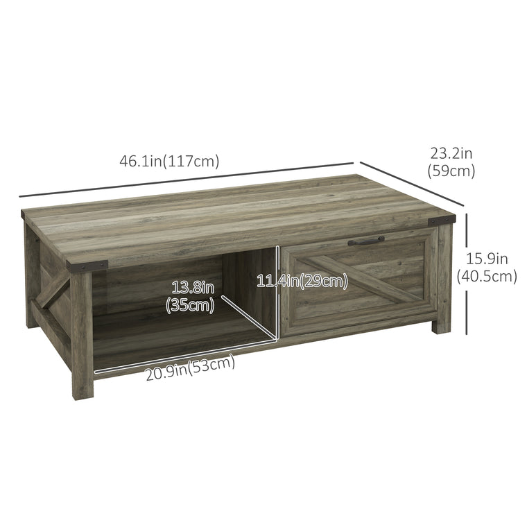 Farmhouse Coffee Table with Drawer and Shelf - Grey