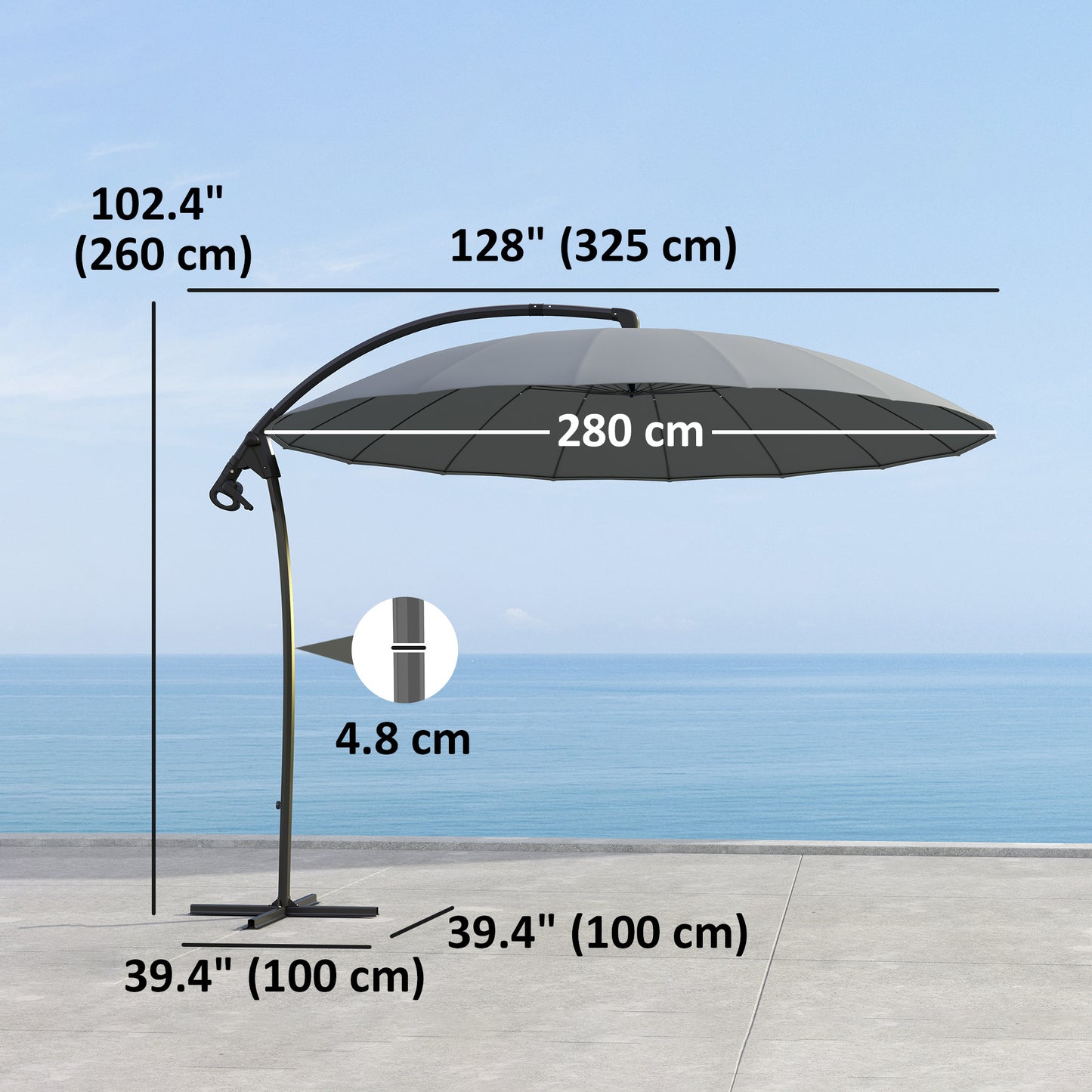 9FT Grey Cantilever Umbrella with 16 Fibreglass Ribs