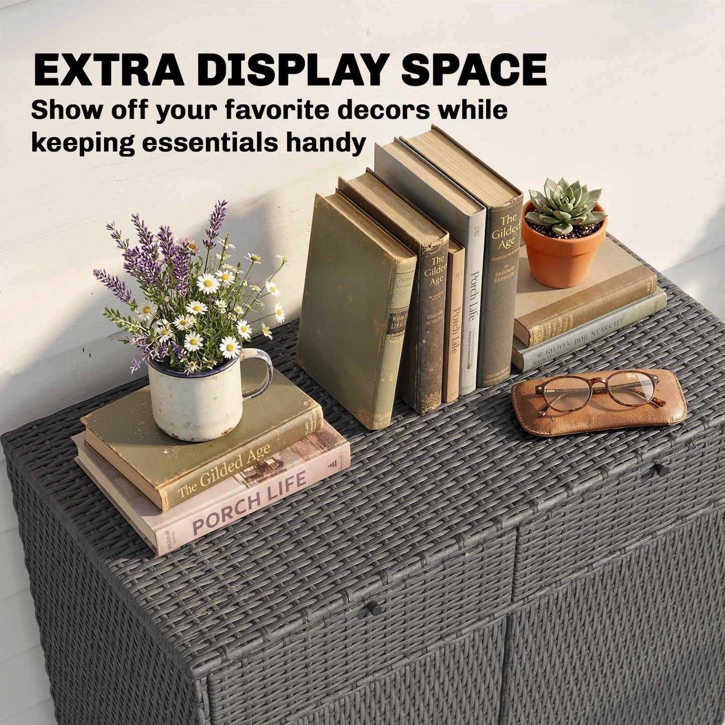 Wicker Outdoor Storage Cabinet with 2 Doors and Drawers, 2-Tier Shelf Rattan Patio Storage Cabinet, Dark Grey