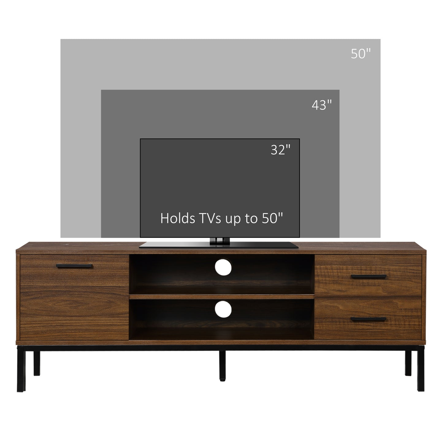TV Stand for TVs up to 50 Inch, TV Cabinet with Door, Open Storage and Drawers, Steel Legs, Dark Walnut