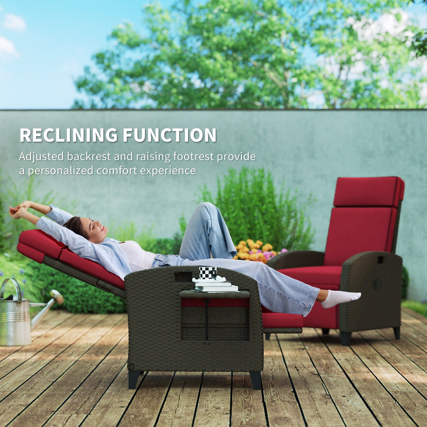 Outdoor Recliner Chair with Adjustable Backrest, Cushion, Side Tray, Black