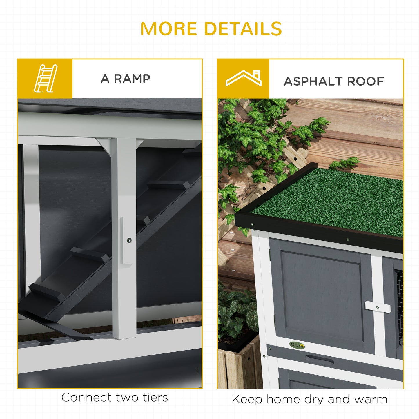 Wood Rabbit Hutch with 2 Large Main House, Ramp, Trays, Grey
