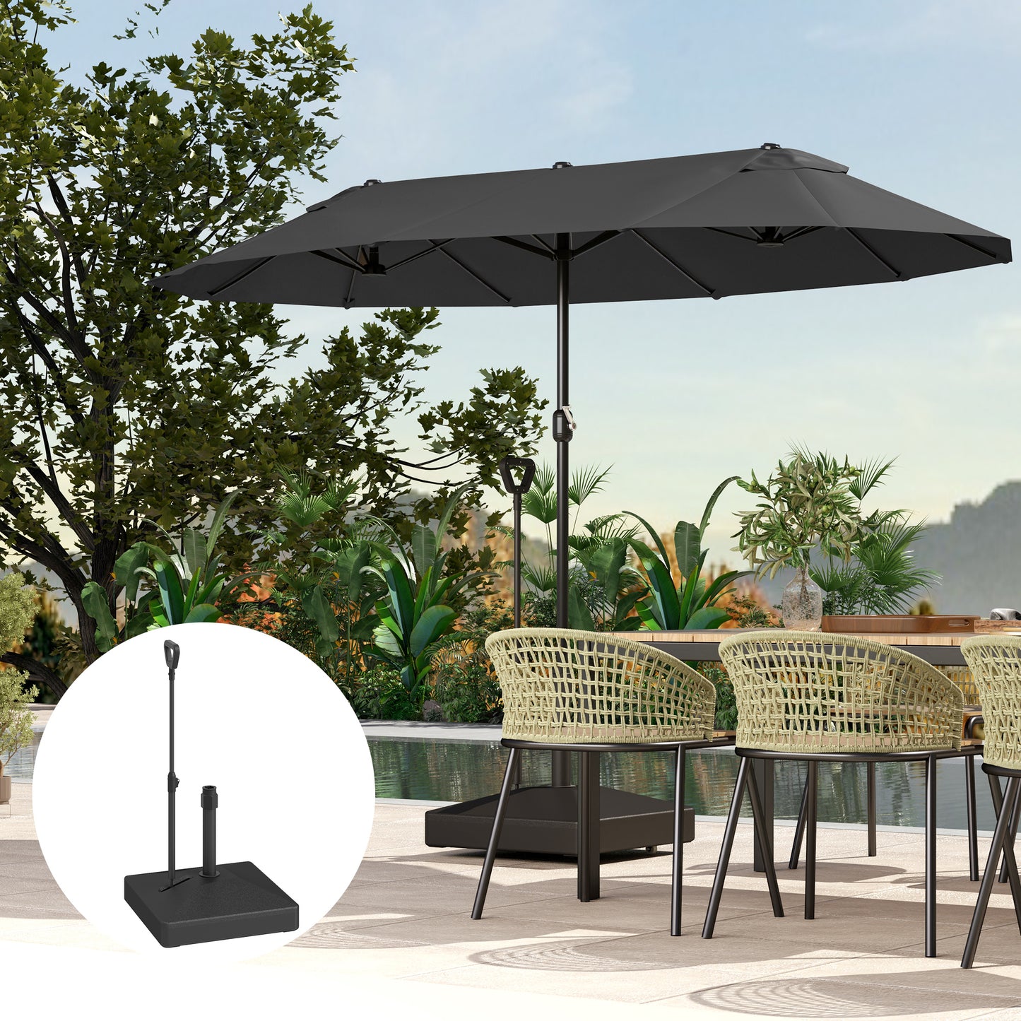 Square Plastic Patio Umbrella Base with Adjustable Wheels, Handle, Outdoor Patio Umbrella Stand, Filled Up to 121lb with Stand, 99lb with Water for Garden Poolside, Black