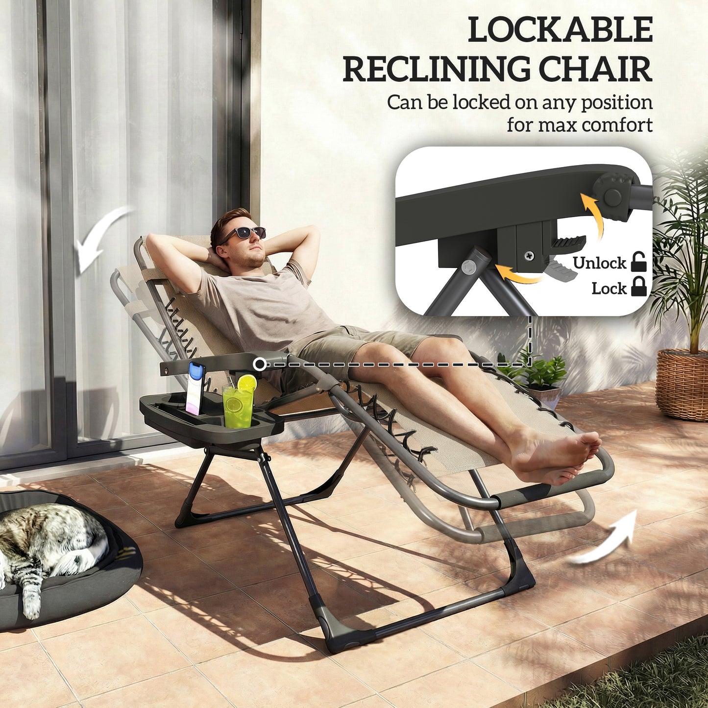 Zero Gravity Chair Set of 2, Folding Reclining Outdoor Lounge Chair with Cup Holder, Headrest, Light Brown
