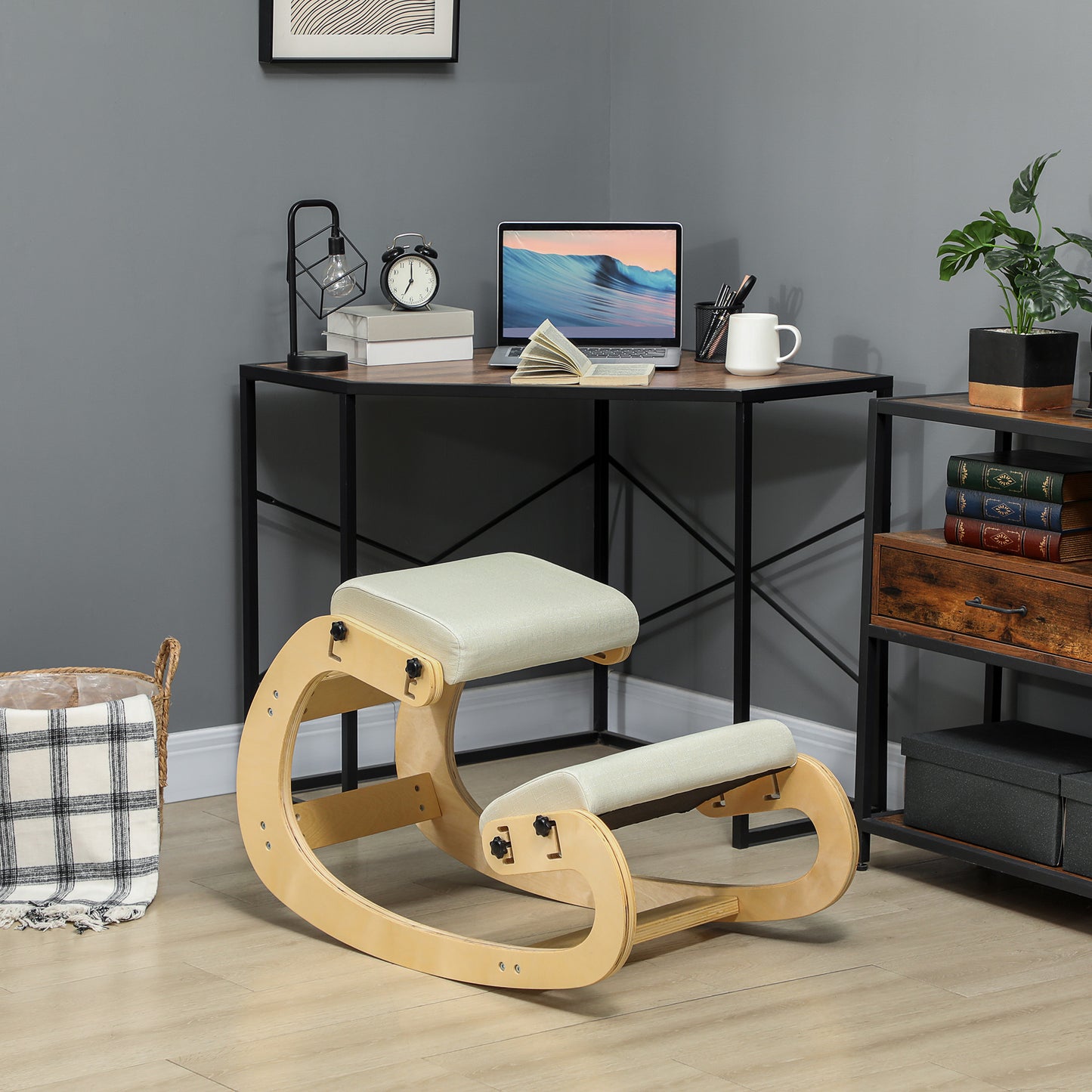 Ergonomic Kneeling Chair, Adjustable Rocking Wood Kneeling Stool, Desk Chair, Improve Posture, Cream White