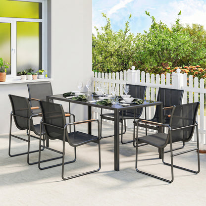 7-Piece Dining Set with Glass Table and Mesh Armchairs
