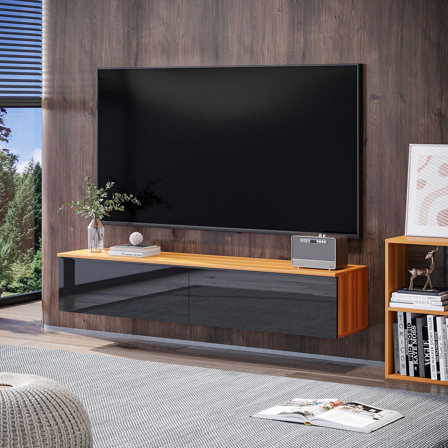 Wall Mounted TV Stand, Floating TV Cabinet with Storage, for TVs up to 70", High Gloss Effect, Brown and Black